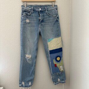 MOTHER The Patchwork Tomcat Ankle Raw Hem New Hobbies Blue 28